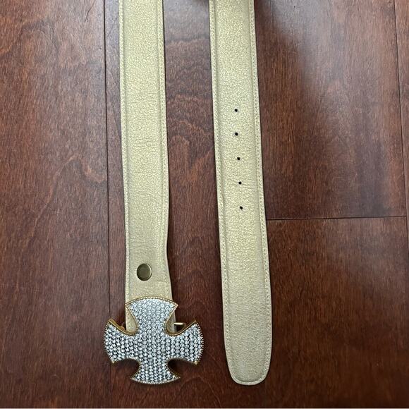 Cecelia Pale Crackled Gold Belt with Gold and Silver Rhinestone Cross Buckle